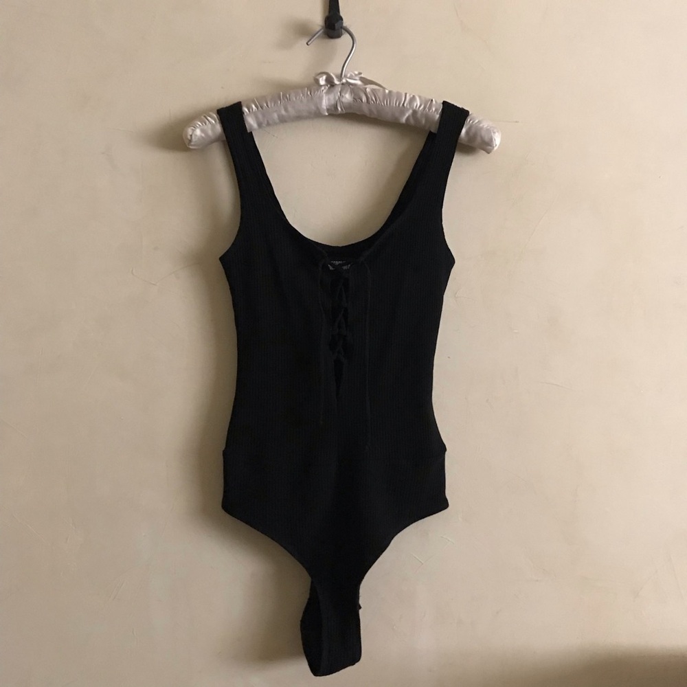 Reformation Black Lace Up Leotard